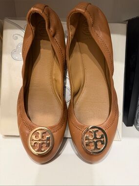 Tory Burch Cognac Leather Logo Ballet Flats